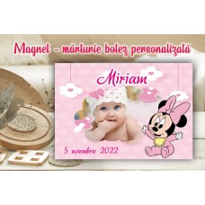 Magnet - mărturie botez fetiță - Fundal roz Minnie Baby