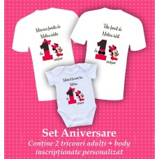 Tricouri - Set 3 buc - Aniversare Fetiţă 1 AN - Tematică Minnie